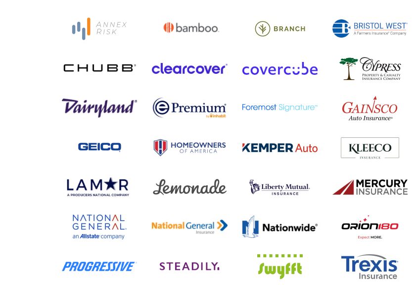 Personal lines carrier logos including Chubb, GEICO, Liberty Mutual, Nationwide, Progressive, and others